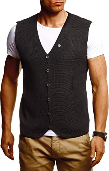 Leif Nelson Gilet pour homme, pour loisirs, affaires, fête, mariage, sous veste, en tricot fin, gilet de costume, homme, gilet tricoté, t-shirt à manches courtes, LN1855, Noir , L