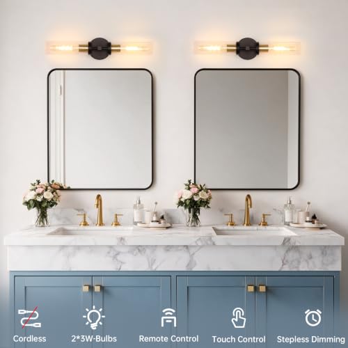 Image of Shenmoyl Set of 2 Wall Sconces, 7800 mAh Battery Operated Wall Sconce with 3 Colors & Remote Control, Black Gold Rechargeable Wall Lamp with Clear Glass Shade for Bedroom, Bathroom, Stairwell, Hallway