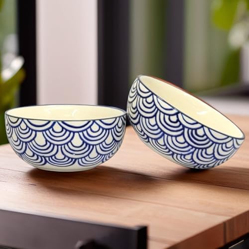 Image of KITTENS Ceramic Serving Bowls 350ml - Set of 2 - Blue Wave Handpainted Pattern | Microwave & Dishwasher Safe | Food Grade | Ideal for Soup, Pasta, Maggi, Cereal, Dessert & Daily Use