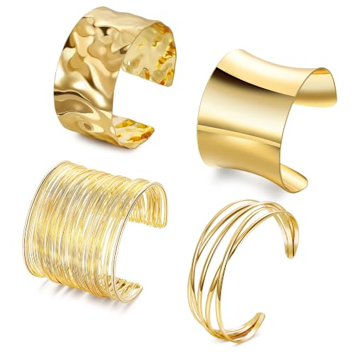 Vegolita 4PCS Chunky Cuff Bracelets for Women Open Wide Bangle Gold/Silver