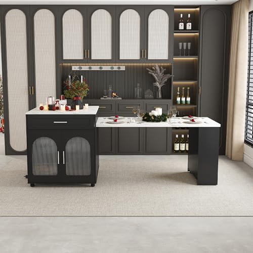 Montary 80" Expandable Kitchen Island with Extendable Table - Solid Wood Grain Countertop with Power Outlet & USB Ports, Mobile Cart with Double-Side Storage, Cabinet & Drawers (Black)