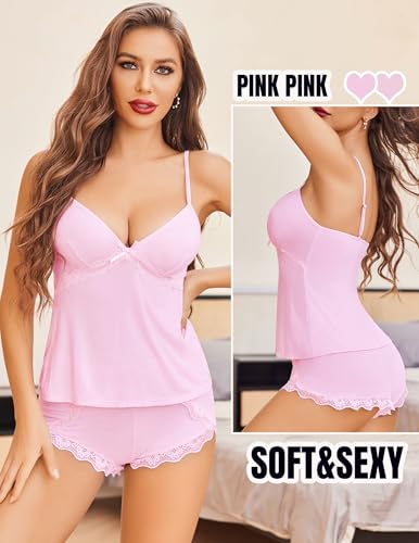 Image of Avidlove Women's Pajama Sets V Neck Lace Trim Sleep Wear Sexy 2 Piece Pjs | Sexy Modal, Soft & Cozy, V-Neck, Sleeveless, 2 Pieces Pjs, Sexy Sleepwear