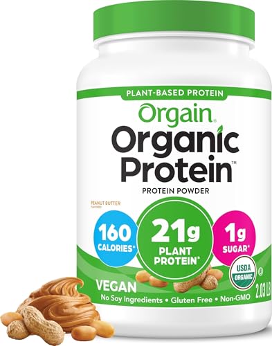 Image of Orgain Organic Vegan 21g Protein Powder, Peanut Butter, 2.03 lb | Plant based protein, 7g prebiotic fiber, low net carb, no added sugar or dairy ingredients, for shakes & smoothies