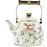 Vintage Enamel Tea Kettle, Rose Floral Pattern Stovetop Teapot with Gold Handle,...