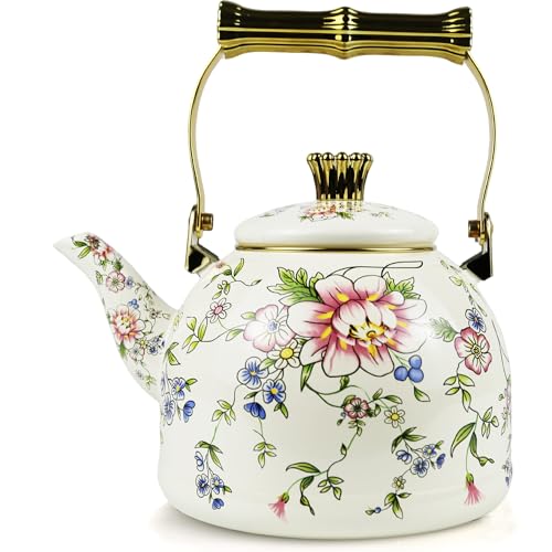 Vintage Enamel Tea Kettle Rose Floral Pattern Stovetop Teapot with Gold Handle 2.5L Enamel Kettle Kitchen Decor Ideal Gift for Housewarming Camping Coffee Pot