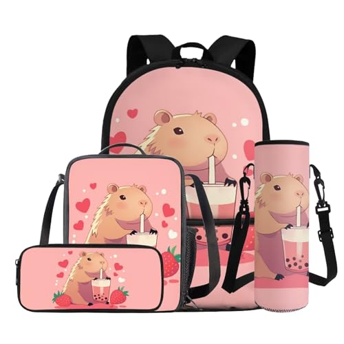 Kawaii Capybara Backpack for School Kids Girls 4-7 Adjustable Strap Bookbag for Girls with Lunch Box 4pcs Large Capacity Kids School Backpack Bookbag Daypack Bag for Preschool Kindergerten