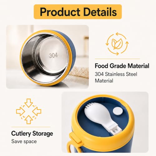 Image of 530ml Insulated Lunch Pot with Built-in Spoon | 304 Stainless Steel Food Jar, Double Wall Thermal Insulation | Leakproof Soup Container | Bento Box for Office, School & Travel - Blue