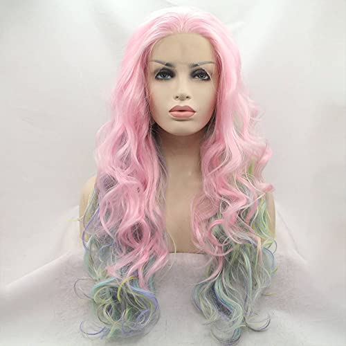 Perruque synthétique longue ondulée rose dentelle frontale sans colle