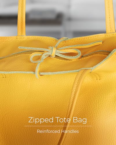 Image of Genuine Italian Leather Tote Bag for Women, Large Slouchy Purse, Yellow | Unstructured bag, raw unlined interior with zip pocket, top zipper, side ties, folds flat, fits a 16-inch laptop, lightweight