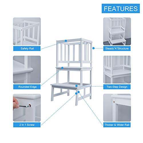 WORTHYEAH Kids Step Stool with Safety Rail, Bamboo Toddler Kitchen Step Stool, Step Tower for Toddlers, Kitchen Helper Stool for Kids, Mother’s Help Stool