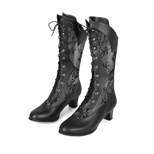 Vintage 70s Victorian Boots for Women Renaissance Lace Up Ankle Boots Round Toe Knee High Zip Kitten Heel