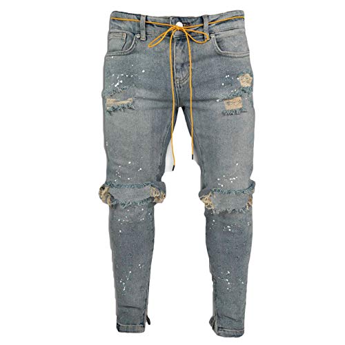 Andongnywell Men's Ripped Skinny Straight Fit Zipper Jeans Distressed Denim Pants with Multi Pocket Destroyed Trousers