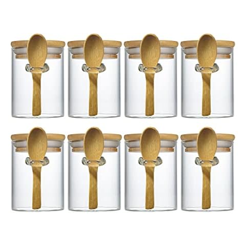 Livejun 7.6 oz Airtight Mini Glass Jars with Bamboo Lids and Bamboo Spoons, Spice Jars Small Food Storage Containers for Kitchen, Bathroom, Home Decor Set of 8 Cover