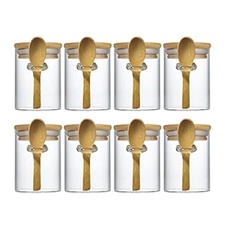 Livejun 7.6 oz Airtight Mini Glass Jars with Bamboo Lids and Bamboo Spoons, Spice Jars Small Food Storage Containers for Kitchen, Bathroom, Home Decor Set of 8