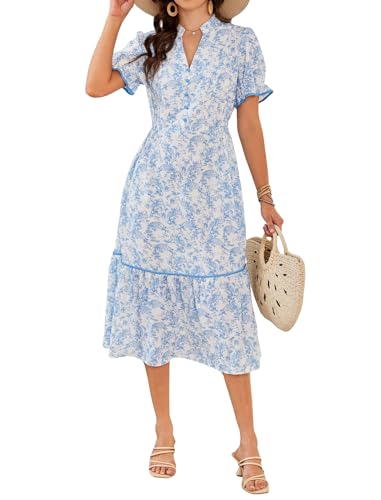 Image of Theenkoln Womens Casual Midi Dress: Short Sleeve V-Neck Empire Waist Gingham Spring Fashion Long Trendy Tiered Formal Dresses