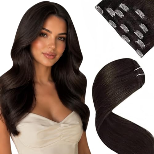 Image of LaaVoo Human Hair Clip In Extensions, Silky Straight, 14 Inch 5Pcs 80g | Rich Dark Brown Clip On Extensions Human Hair, Smooth Surface, Coordinate With Wedding And Banquet Outfits