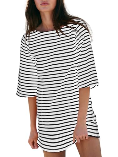 Image of Yousify Women's T Shirt Dress Cotton Summer Dresses 2026 Casual Loose Short Sleeve Striped Mini Dress with Pockets