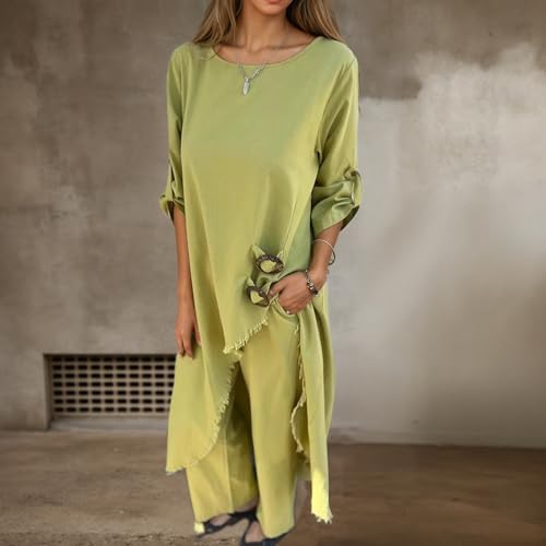 TIAFORD Cotton Linen Sets for Women 2 Piece Outfits Long Sleeve Irregular Hem Dress Wide Leg Linen Pants with Pockets2