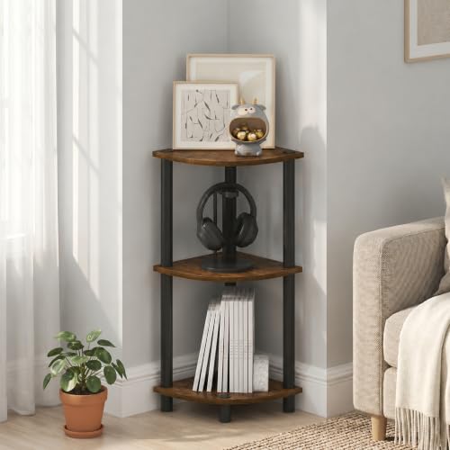 Image of Furinno Turn-N-Tube Toolless Assembly 3-Tier Storage Shelves, Amber Pine | Rustic Brown Corner Shelf, Open Storage Book Shelf, for Organization and Storage, Living Room, Home Office, Bedroom