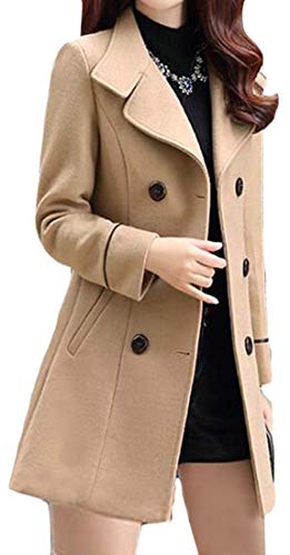 Joe Wenko Women's Double Breasted Slim Wool Blend Winter Pea Coats A-Khaki X-Large