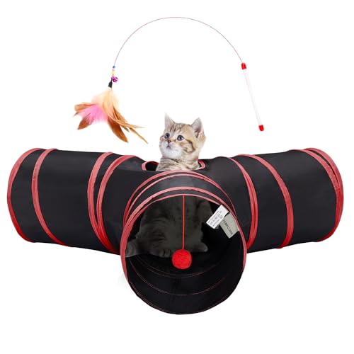 Image of Tempcore Cat Tunnel for Indoor Cats, 3 Way Collapsible Pet Play Tunnel with Teaser Wand, Peek Holes & Hanging Ball, Interactive Tube for Kittens & Rabbits, Black & Red