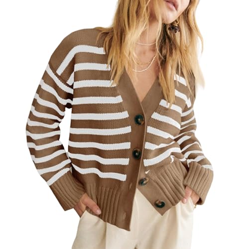 Women's Striped Cardigan V Neck Open Front Sweaters Casual Long Sleeve Button Ribbed Knit Outerwear3