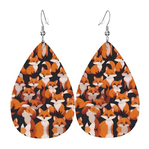 Pendientes De Piel Patrón De Muchos Pequeños Zorros De Dibujos Animados Aretes De Cuero Con Forma De Lágrima Textura De Lujo Ligera Para Adecuados Para Fiestas Decoración De Ropa