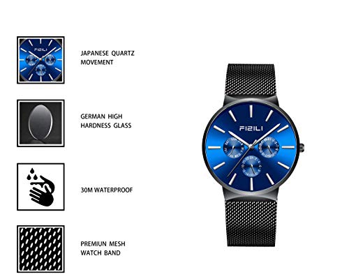 Herren Uhren Ultra Dünne Schwarze Minimalistische Quartz mit Milanese Mesh Edelstahl – Bild 4