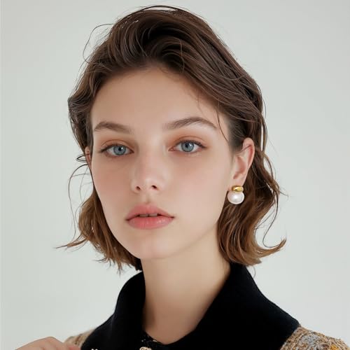 Gold Simulated Shell Pearl Earrings for Women, 18K Gold Plated Pearl Drop Earrings Gold Pearl Hoop Earrings Trendy Lightweight Hypoallergenic Earrings Jewelry4