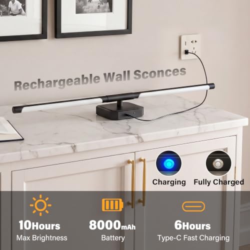 Image of Ollny Rechargeable Battery Operated Wall Sconces Set of Two with Remote Control, Dimmable & 3 Color Temperatures Wall Scones, 350 Rotatable Wireless Wall Lamps for Bedroom, Living Room, 28.7in
