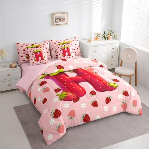 Image of Feelyou Girls Strawberry Full Comforter Set with Sheets for Kids Boys Girls Pink Strawberry 7 Pieces Bedding Set Initial Letter H Bed in a Bag Room Decor Soft Lightweight Microfiber