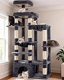 Heybly Cat Tree, 71-Inch Tall Cat Tower for Large Maine Coon Cats with Extra-Large Baseboard, Cat Condo Furniture with Multi-Level Platforms, 2 Hammocks and 12 Scratching Posts, Smoky Gray HCT037G