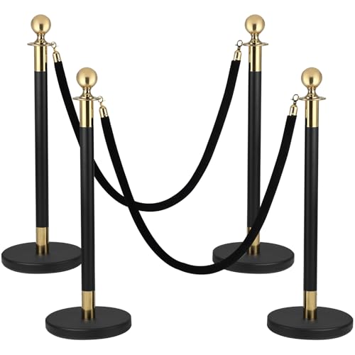 4 PCS Stainless Steel Stanchion Post,5 Ft Black Velvet Ropes and Stanchion Poles Set Crowd Control Barriers with Fillable Base Used for Party Wedding Theaters Red Carpet