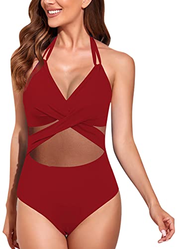 Gym Pool Swimsuit Women Athletic One Piece Tummy Control Bathing Suits Cross Cut Out Monokini Swimwear Wine Red