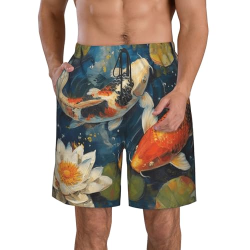 Men's Quick Dry Swim Shorts Fish Lotus Flowers Oil Painting Asian Style Beach Trunks with Pockets