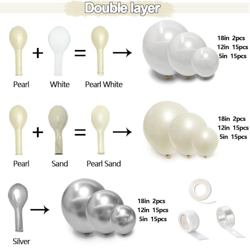 White and Silver Balloon Garland - Double Stuffed Pearl Sand White Silver Balloons Arch Kit 5 12 18 inch for Birthday Graduation Bar Mitzvah Bachelorette Wedding Baby Shower Party Decoration - Image 4