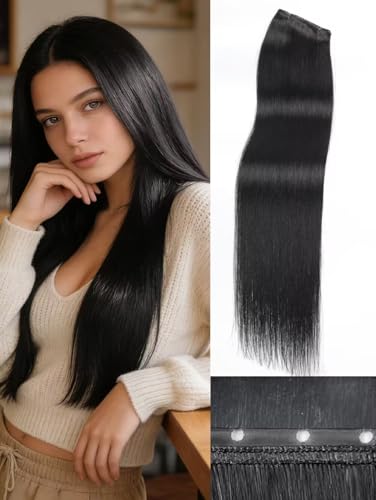 Image of Double Invisible PU OVO Butterfly Weft Human Hair Extensions 20in Remy Human Hair Glueless Micro Beads Heat-Friendly Soft for Women Daily Wear Wedding Birthday to Add Volume & Length (Jet Black)