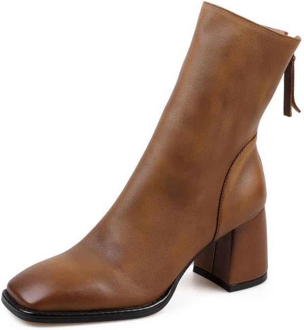 TinaCus Women's Genuine Leather Handmade Retro Square Toe Back Zip Up Mid Stacked Heel Ankle Booties