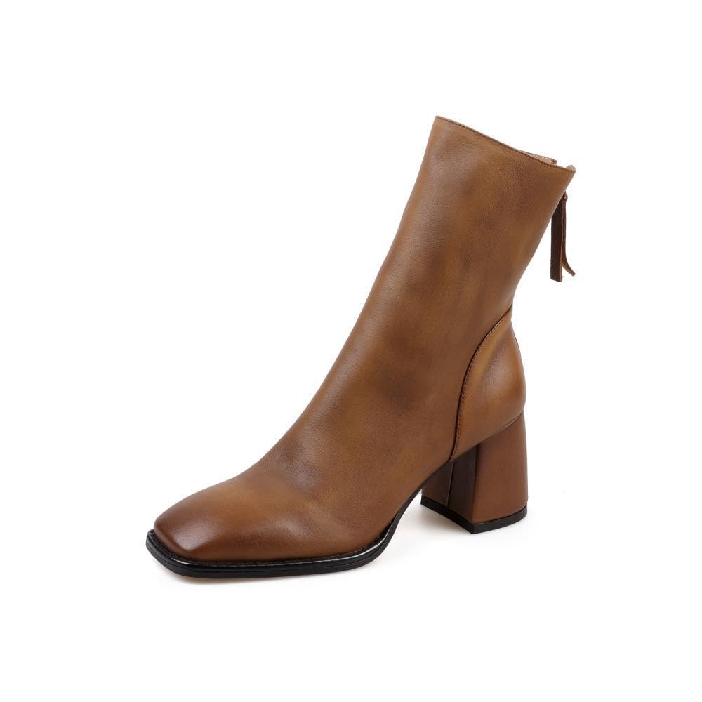 TinaCus Womens Genuine Leather Handmade Retro Square Toe Back Zip Up Mid Stacked Heel Ankle Booties