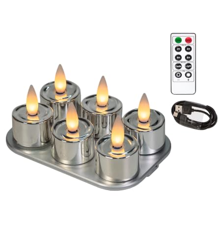 Image of Rechargeable Flameless Tealights Candle with Remote Timer, 3D Moving Flame Real Wax Led Tealight Candles (high Shine Silver, 1.4in)