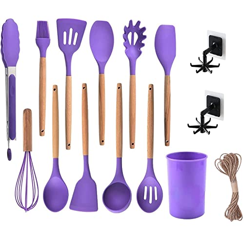 Db11 12Pcs Purple Silicone Cooking Kitchen Utensil Set - Wooden Handles Silicone Kitchen Gadgets With Rotatable Hook And Holder Heat Resistan Kitchen Tools Bpa-Free For Nonstick Cookware (Black Hook) #TOP14