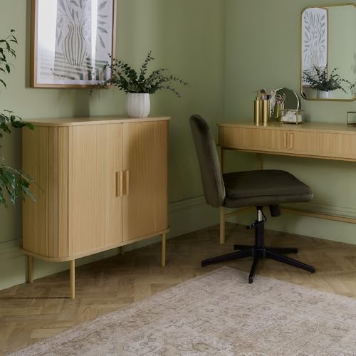 VonHaus Sideboard for Living Room - Tambour Cupboard with Sliding Doors & 3 Shelves - Modern Scandi Look Living Room Storage Cabinet - Light Wood Effect Slatted Side Board for Hallway - Landos - Image 2