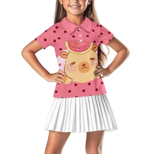 Girls Short Sleeve Golf Shirts V Neck Tennis Shirt Quick Dry Athletic Tops for Sports Casual Wear for Age 5-15