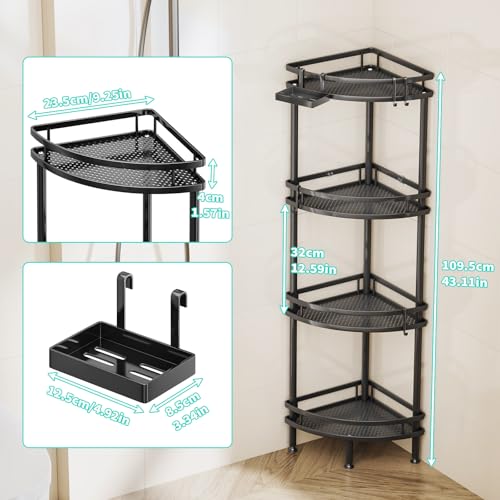 Image of HapiRm Standing Corner Shower Caddy - 4 Tier Shower Organizer Corner with Soap Holder and 4 Hooks, Rustproof Bathroom Storage Shelves with Adhesives, Black