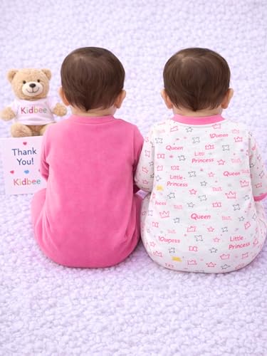 Image of Kidbee Baby Cotton Romper Pack of 2 | 100% Soft Cotton Hosiery | Front Open Snap Buttons | Full Sleeve Footed Sleepsuit | Newborn Baby Clothing Set