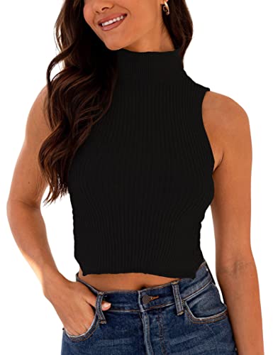 Amarmia Women's Summer Crossback Mock Neck Knit Crop Tops Cut Out Sweater Tank Sexy Turtleneck Sleeveless Ribbed Vest Black #TOP24