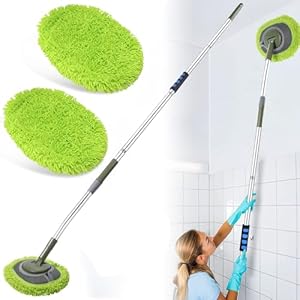 Wall Cleaner, Max 66” Wall Mop with Long Handle, Ceiling Dust Mop with 15° Labor-Saving Elbow Extension Pole, Baseboard Duster Washer Scrubber, High Reach Window Cleaning Brush, Roof Cleaning Tool-GN