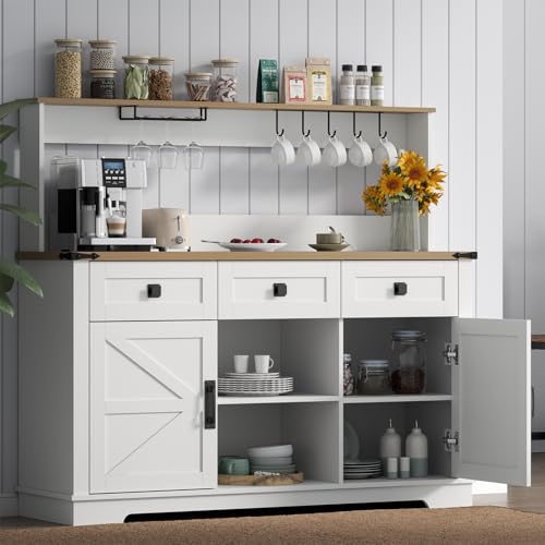Gyfimoie Farmhouse Bar Cabinet with Hutch, Kitchen Buffet Cabinet with Storage Cabinet & 3 Sliding Drawers, Adjustable Shelf, Goblet Holder, Cup Hooks for Living Room, Dining Room Use (White)