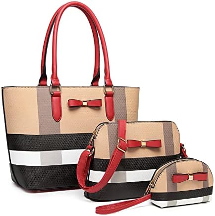 Tepilte Fashion Bow Handbags for Women Faux Leather Shoulder Bags with Top Handle Satchel Purse Set 3pcs (RED/TAN)