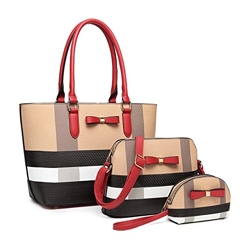 Tepilte Fashion Bow Handbags For Women Faux Leather Shoulder Bags With Top Handle Satchel Purse Set 3Pcs (Red/Tan) #TOP15